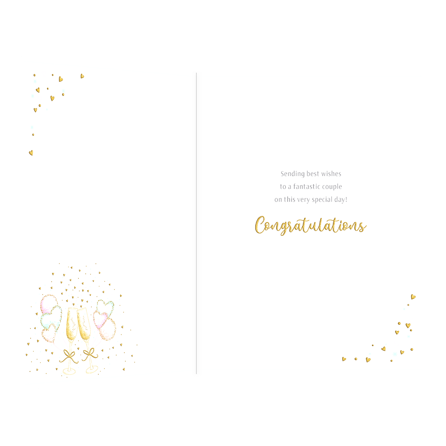 De binnenzijde van de wenskaart is bedrukt met een ontwerp passend bij de voorzijde van de kaart "Sending wishes to a fantastic couple on this very special dat! Congratulations".