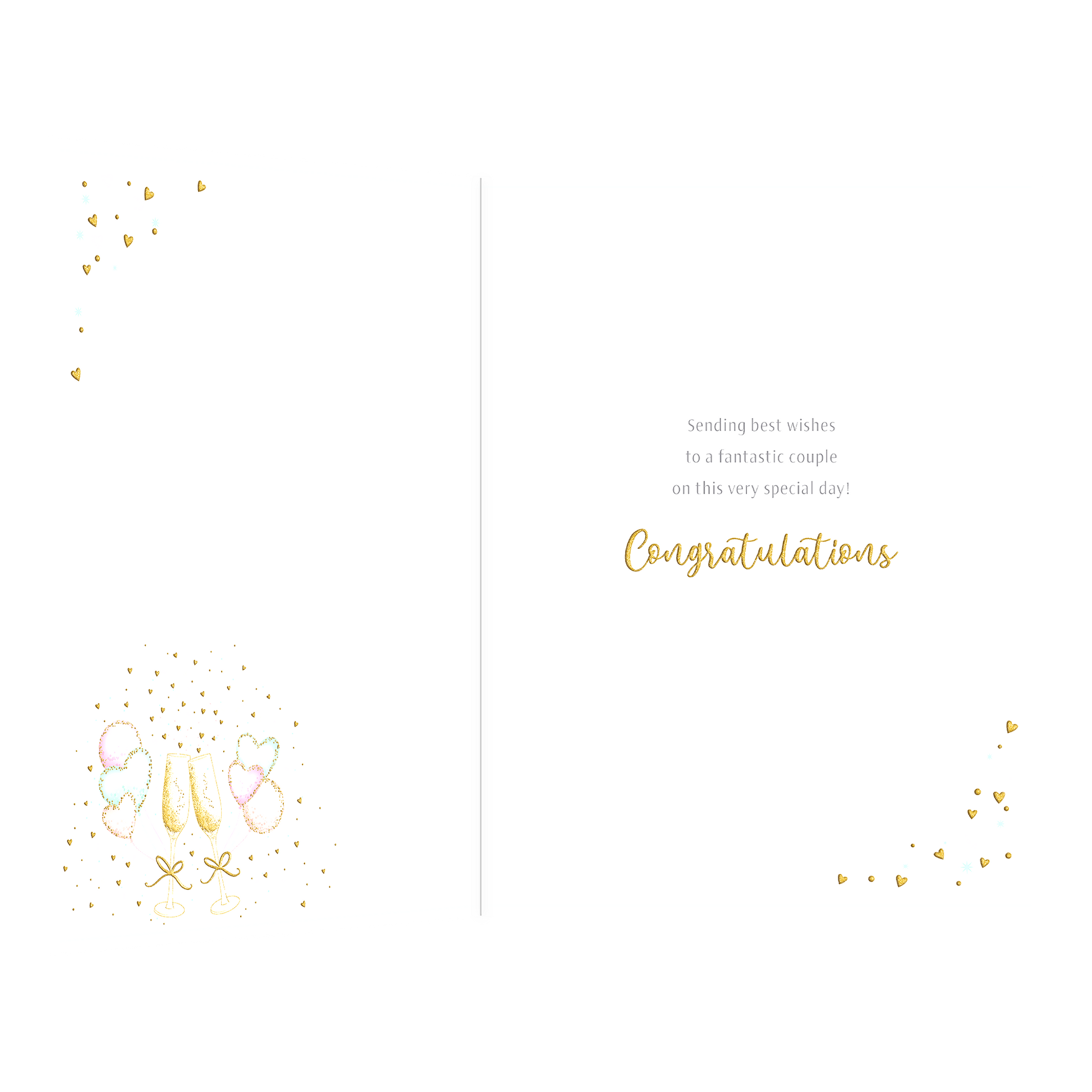 De binnenzijde van de wenskaart is bedrukt met een ontwerp passend bij de voorzijde van de kaart "Sending wishes to a fantastic couple on this very special dat! Congratulations".