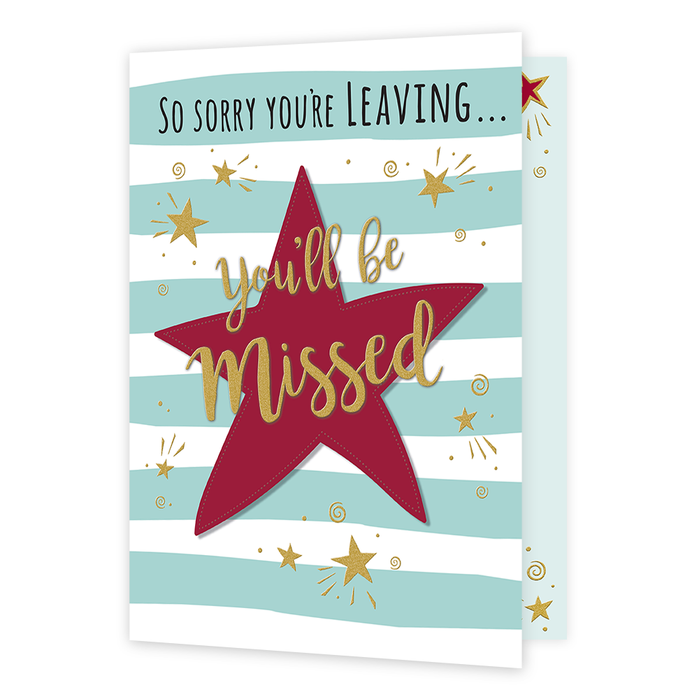 XL kaart - So sorry you're leaving - Formaat: Groot - Vorm: Staand - Afscheidskaart - Op deze wenskaart staat een grote rode ster met op de achtergrond wit en blauwe lijnen. In de illustratie staat de tekst: "So sorry you're leaving... you'll be missed". - Snelwenskaart