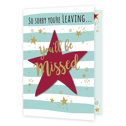 XL kaart - So sorry you're leaving - Formaat: Groot - Vorm: Staand - Afscheidskaart - Op deze wenskaart staat een grote rode ster met op de achtergrond wit en blauwe lijnen. In de illustratie staat de tekst: "So sorry you're leaving... you'll be missed". - Snelwenskaart