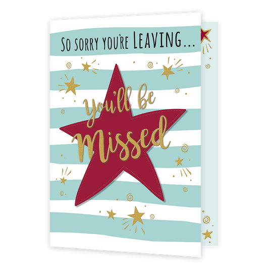 XL kaart - So sorry you're leaving - Formaat: Groot - Vorm: Staand - Afscheidskaart - Op deze wenskaart staat een grote rode ster met op de achtergrond wit en blauwe lijnen. In de illustratie staat de tekst: "So sorry you're leaving... you'll be missed". - Snelwenskaart
