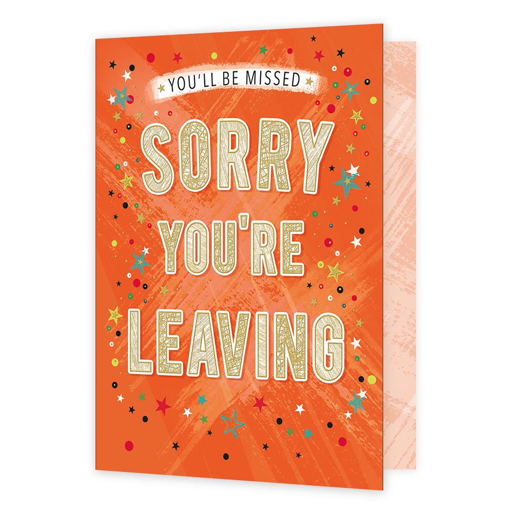 XL kaart - You'll be missed - Formaat: Groot - Vorm: Staand - Afscheidskaart - Op deze wenskaart staat de tekst: "You'll be missed sorry you're leaving" omringt door sterren. - Snelwenskaart