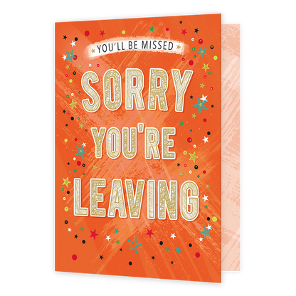 XL kaart - You'll be missed - Formaat: Groot - Vorm: Staand - Afscheidskaart - Op deze wenskaart staat de tekst: "You'll be missed sorry you're leaving" omringt door sterren. - Snelwenskaart