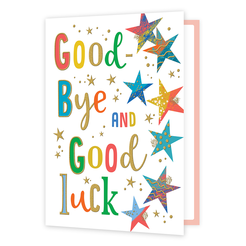 XL kaart - Goodbye & goodluck - Formaat: Groot - Vorm: Staand - Afscheidskaart - Op deze wenskaart staan sterren in diverse kleuren met daarnaast de tekst: "Goodbye and good luck". - Snelwenskaart