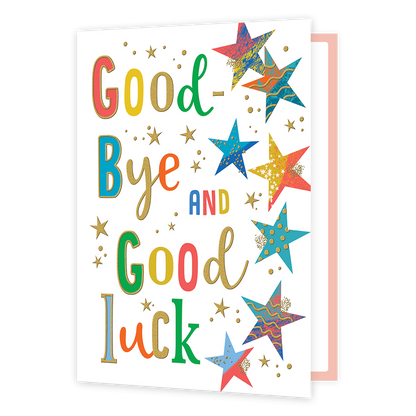 XL kaart - Goodbye & goodluck - Formaat: Groot - Vorm: Staand - Afscheidskaart - Op deze wenskaart staan sterren in diverse kleuren met daarnaast de tekst: "Goodbye and good luck". - Snelwenskaart