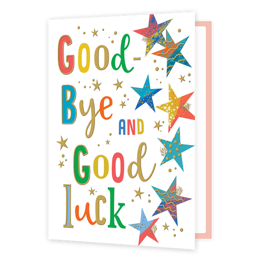 XL kaart - Goodbye & goodluck - Formaat: Groot - Vorm: Staand - Afscheidskaart - Op deze wenskaart staan sterren in diverse kleuren met daarnaast de tekst: "Goodbye and good luck". - Snelwenskaart
