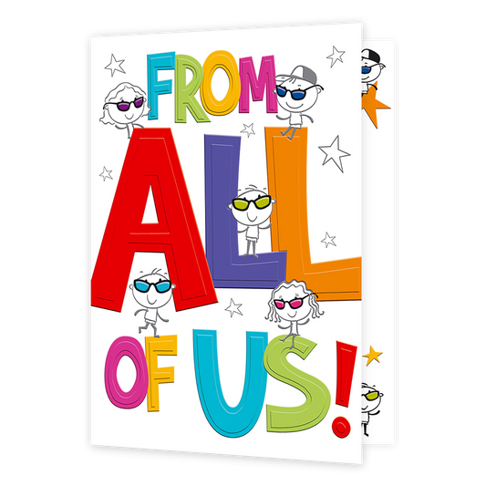 XL kaart - From all of us! - Formaat: Groot - Vorm: Staand - Bedankkaart - Op deze wenskaart staat de tekst: "From all of us!" omringt door getekende mensen. - Snelwenskaart