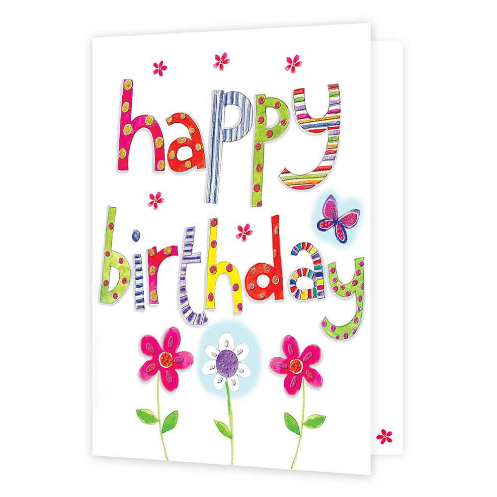 XL kaart - Happy Birthday - Formaat: Groot - Vorm: Staand - Verjaardagskaart - Op deze wenskaart staat de tekst: "Happy birthday" omringt door bloemen. - Snelwenskaart