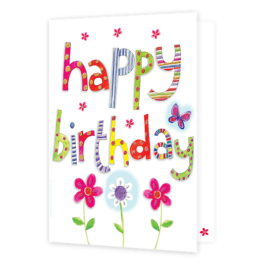 XL kaart - Happy Birthday - Formaat: Groot - Vorm: Staand - Verjaardagskaart - Op deze wenskaart staat de tekst: "Happy birthday" omringt door bloemen. - Snelwenskaart