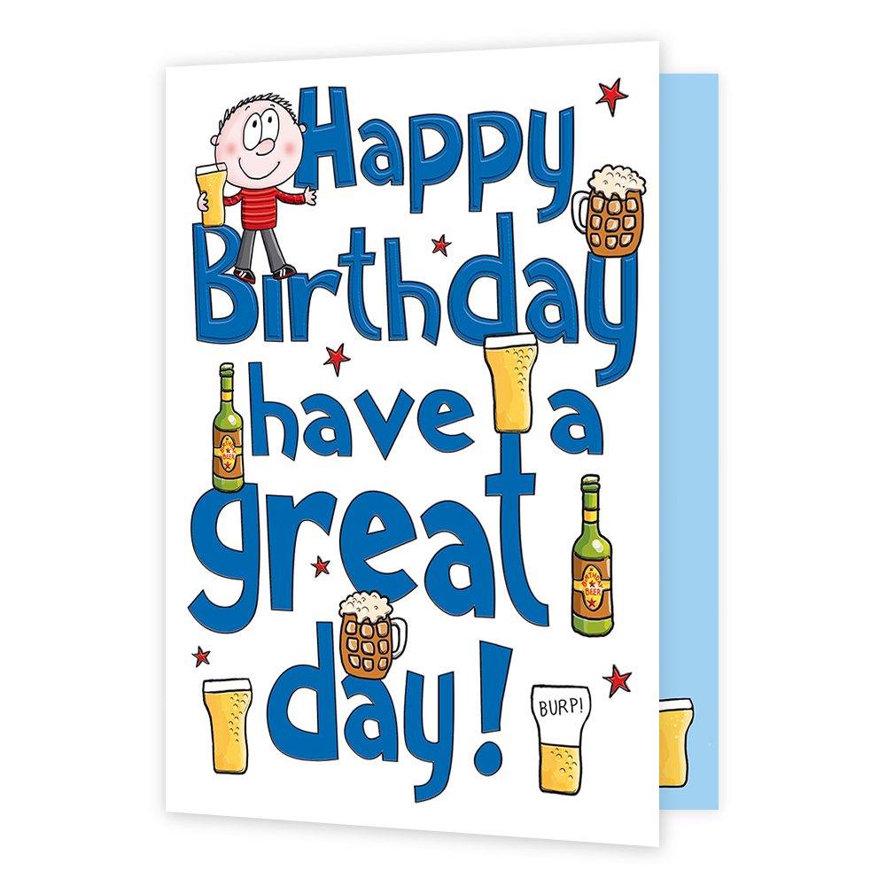 XL kaart - Happy birthday have a great day - Formaat: Groot - Vorm: Staand - Verjaardagskaart - Op deze wenskaart staat de tekst: "Happy birthday have a great day!" omringt door biertjes. - Snelwenskaart
