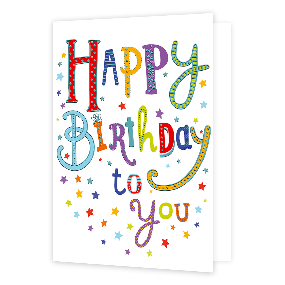 XL kaart - Happy Birthday to you - Formaat: Groot - Vorm: Staand - Verjaardagskaart - Op deze wenskaart staat de tekst: "Happy birthday to you" omringt door sterren. - Snelwenskaart