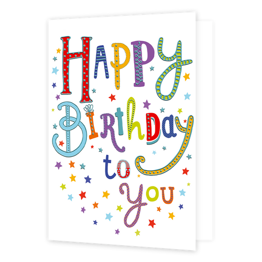 XL kaart - Happy Birthday to you - Formaat: Groot - Vorm: Staand - Verjaardagskaart - Op deze wenskaart staat de tekst: "Happy birthday to you" omringt door sterren. - Snelwenskaart