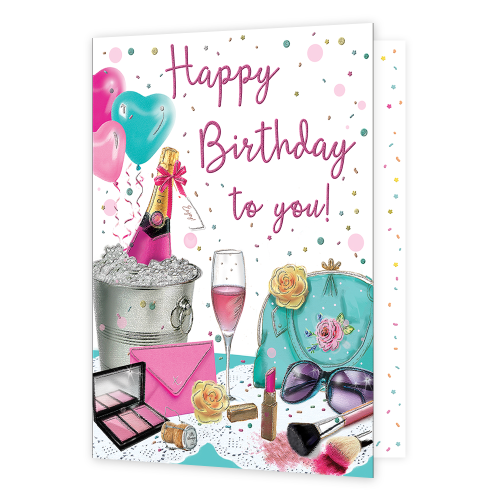 XL kaart - Happy Birthday to you! - Formaat: Groot - Vorm: Staand - Verjaardagskaart - Op deze wenskaart staat een fles champagne in een emmer met ijs en een champagnelglas omringt door make-up. In de illustratie staat de tekst: "Happy birthday to you!". - Snelwenskaart