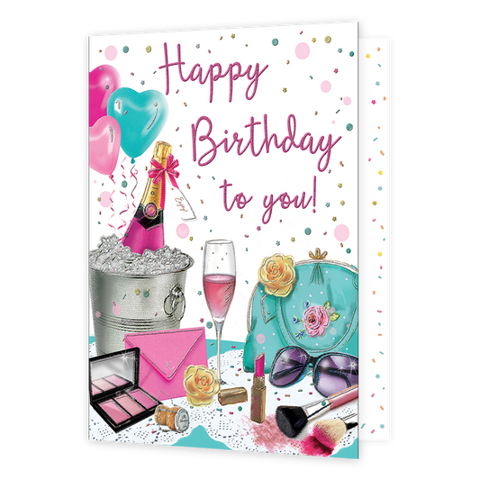 XL kaart - Happy Birthday to you! - Formaat: Groot - Vorm: Staand - Verjaardagskaart - Op deze wenskaart staat een fles champagne in een emmer met ijs en een champagnelglas omringt door make-up. In de illustratie staat de tekst: "Happy birthday to you!". - Snelwenskaart