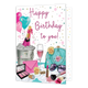 XL kaart - Happy Birthday to you! - Formaat: Groot - Vorm: Staand - Verjaardagskaart - Op deze wenskaart staat een fles champagne in een emmer met ijs en een champagnelglas omringt door make-up. In de illustratie staat de tekst: "Happy birthday to you!". - Snelwenskaart