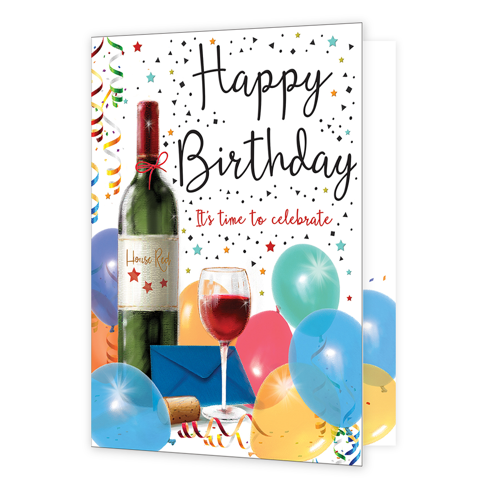 XL kaart - Happy birthday it's time to celebrate - Formaat: Groot - Vorm: Staand - Verjaardagskaart - Op deze wenskaart staat een fl rode wij, ballonnen, slingers en een envelop. In de illustratie staat de tekst: "Happy birthday it's time to celebrate". - Snelwenskaart