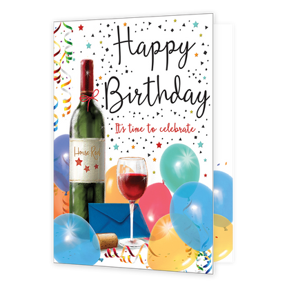 XL kaart - Happy birthday it's time to celebrate - Formaat: Groot - Vorm: Staand - Verjaardagskaart - Op deze wenskaart staat een fl rode wij, ballonnen, slingers en een envelop. In de illustratie staat de tekst: "Happy birthday it's time to celebrate". - Snelwenskaart