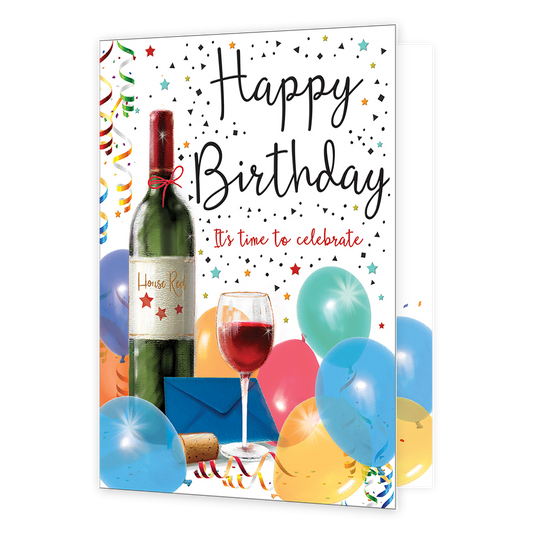 XL kaart - Happy birthday it's time to celebrate - Formaat: Groot - Vorm: Staand - Verjaardagskaart - Op deze wenskaart staat een fl rode wij, ballonnen, slingers en een envelop. In de illustratie staat de tekst: "Happy birthday it's time to celebrate". - Snelwenskaart
