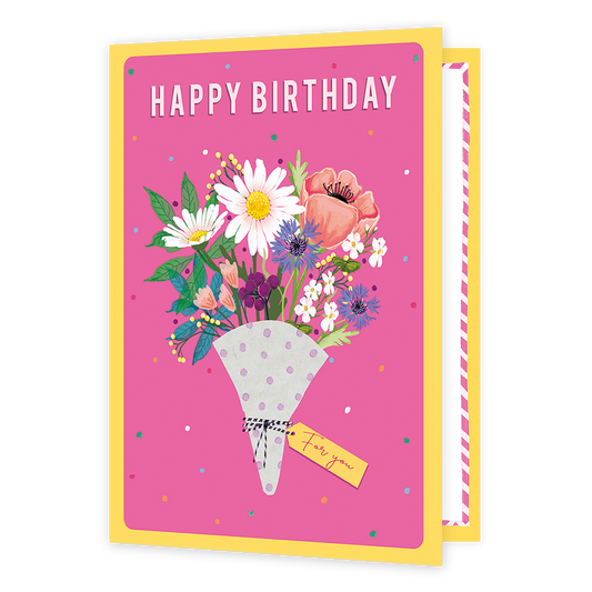 XL kaart - Happy birthday - Formaat: Groot - Vorm: Staand - Verjaardagskaart - Op deze wenskaart staat een grote bos bloemen met daarboven de tekst: "Happy birthday". - Snelwenskaart