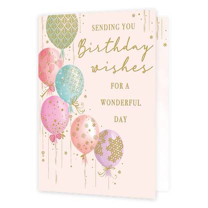 XL kaart - Sending you birthday wishes - Formaat: Groot - Vorm: Staand - Verjaardagskaart - Op deze wenskaart staan ballonnen in de kleuren blauw, rood, groen en roze, met daarnaast de tekst: "Sending you birthday wishes for a wonderful day". - Snelwenskaart