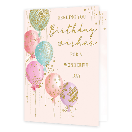 XL kaart - Sending you birthday wishes - Formaat: Groot - Vorm: Staand - Verjaardagskaart - Op deze wenskaart staan ballonnen in de kleuren blauw, rood, groen en roze, met daarnaast de tekst: "Sending you birthday wishes for a wonderful day". - Snelwenskaart