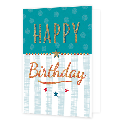  Op deze wenskaart staat in het oranje de tekst 'Happy birthday'. De bovenkant van de kaart is blauw met lichtere blauw stippen. De onderkant van de kaart is wit met meerdere blauwe strepen en drie sterren. 