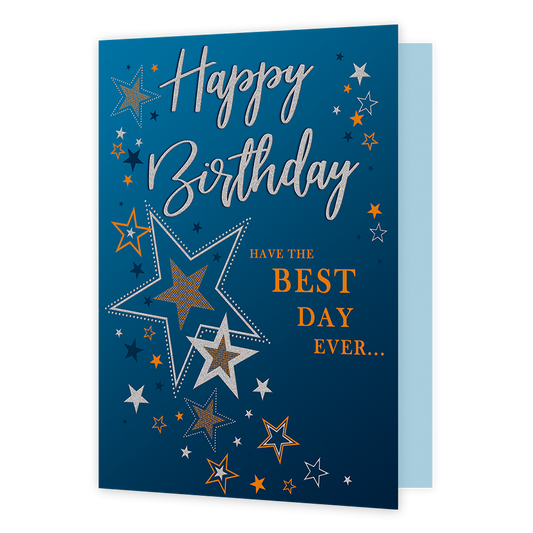 XL kaart - Happy birthday - Formaat: Groot - Vorm: Staand - Verjaardagskaart - Op deze wenskaart staat de tekst: "Happy birthday have the best day ever..." omringt door sterren. - Snelwenskaart
