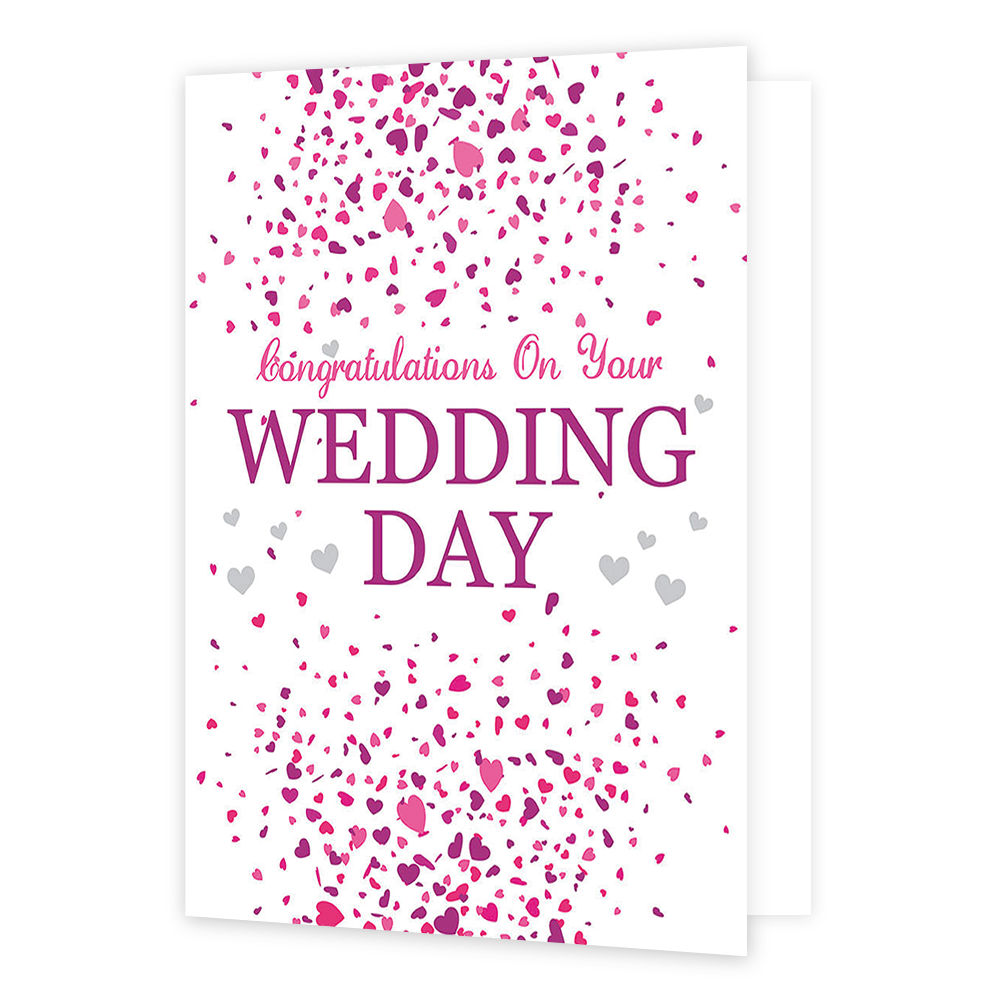 XL kaart - Congratulations On Your Wedding day - Formaat: Groot - Vorm: Staand - Huwelijkskaart - Op deze wenskaart staat de tekst: "Congratulations on your wedding day" omringt door hartjes confetti. - Snelwenskaart