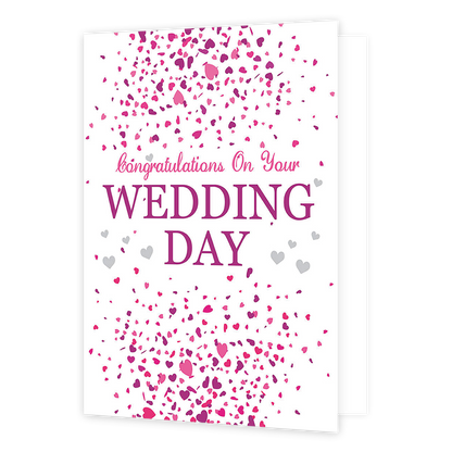 XL kaart - Congratulations On Your Wedding day - Formaat: Groot - Vorm: Staand - Huwelijkskaart - Op deze wenskaart staat de tekst: "Congratulations on your wedding day" omringt door hartjes confetti. - Snelwenskaart