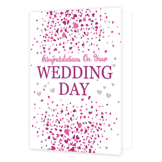 XL kaart - Congratulations On Your Wedding day - Formaat: Groot - Vorm: Staand - Huwelijkskaart - Op deze wenskaart staat de tekst: "Congratulations on your wedding day" omringt door hartjes confetti. - Snelwenskaart