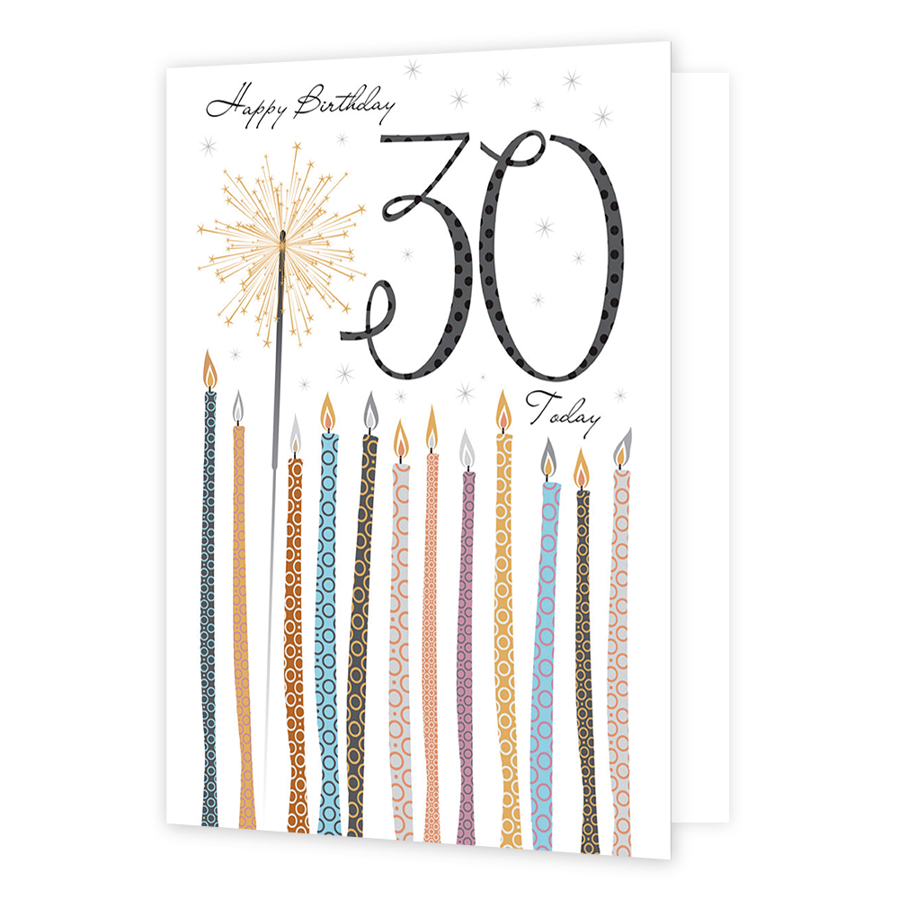 XL kaart - Happy birthday 30 today - Formaat: Groot - Vorm: Staand - Verjaardagskaart - Op deze wenskaart staan kaarsjes met daarboven de tekst: "Happy birthday 30 today". - Snelwenskaart