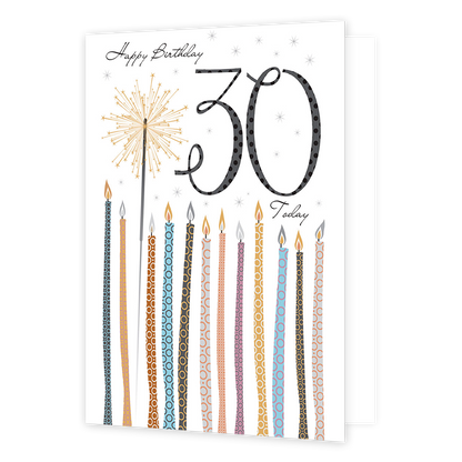 XL kaart - Happy birthday 30 today - Formaat: Groot - Vorm: Staand - Verjaardagskaart - Op deze wenskaart staan kaarsjes met daarboven de tekst: "Happy birthday 30 today". - Snelwenskaart