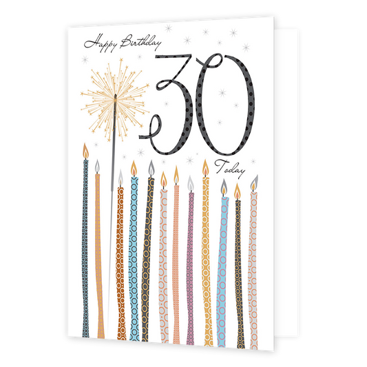XL kaart - Happy birthday 30 today - Formaat: Groot - Vorm: Staand - Verjaardagskaart - Op deze wenskaart staan kaarsjes met daarboven de tekst: "Happy birthday 30 today". - Snelwenskaart