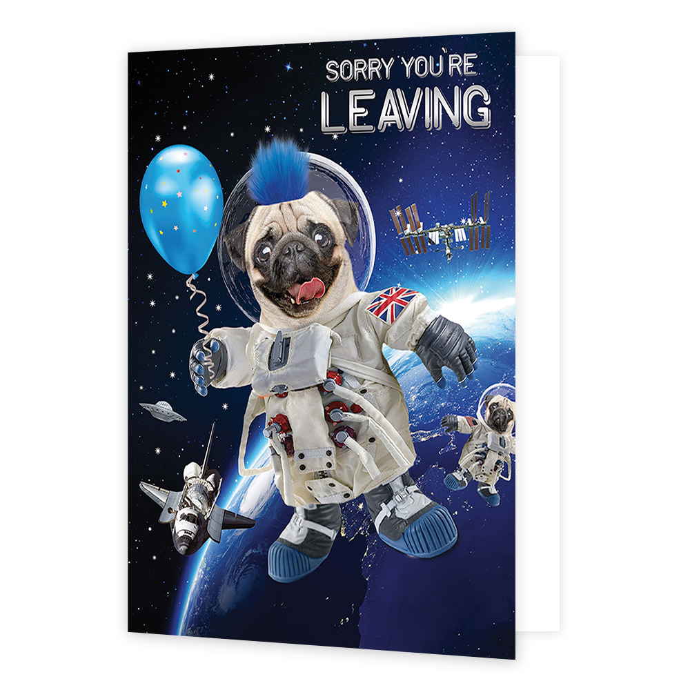 XL kaart - Sorry You're leaving - Formaat: Groot - Vorm: Staand - Afscheidskaart - Op deze wenskaart staat een hond die in de ruimte zweeft met een ruimtepak aan. In de illustratie staat de tekst: "Sorry you're leaving". - Snelwenskaart