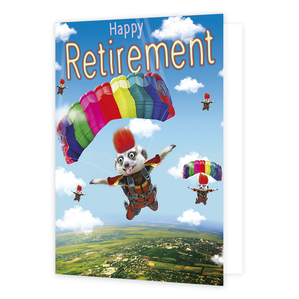 XL kaart - Happy retirement - Formaat: Groot - Vorm: Staand - Pensioenkaart - Op deze wenskaart staan meerkatten die aan het parachutespringen zijn met daarboven de tekst: "Happy retirement". - Snelwenskaart