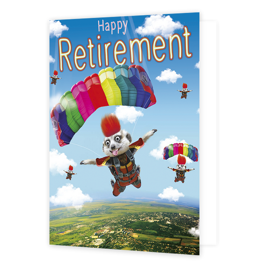 XL kaart - Happy retirement - Formaat: Groot - Vorm: Staand - Pensioenkaart - Op deze wenskaart staan meerkatten die aan het parachutespringen zijn met daarboven de tekst: "Happy retirement". - Snelwenskaart
