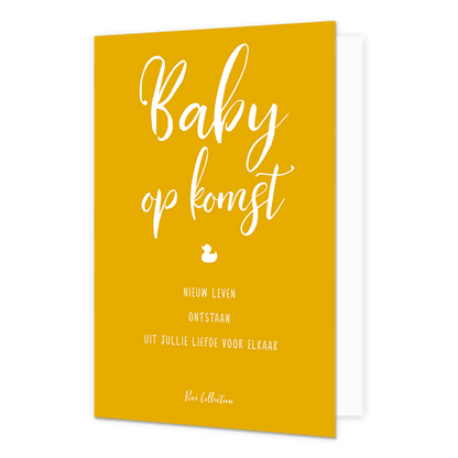 Baby op komst - Formaat: Standaard - Vorm: Staand - Geboortekaart - Op deze wenskaart staat de tekst: "Baby op komst nieuw leven ontstaan uit jullie liefde voor elkaar". - Snelwenskaart