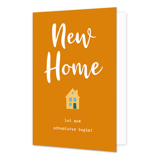 New home - Formaat: Normaal - Vorm: Staand - Woningkaart - Op deze wenskaart staat de tekst: "New home let new adventures begin!" met een klein huisje. - Snelwenskaart