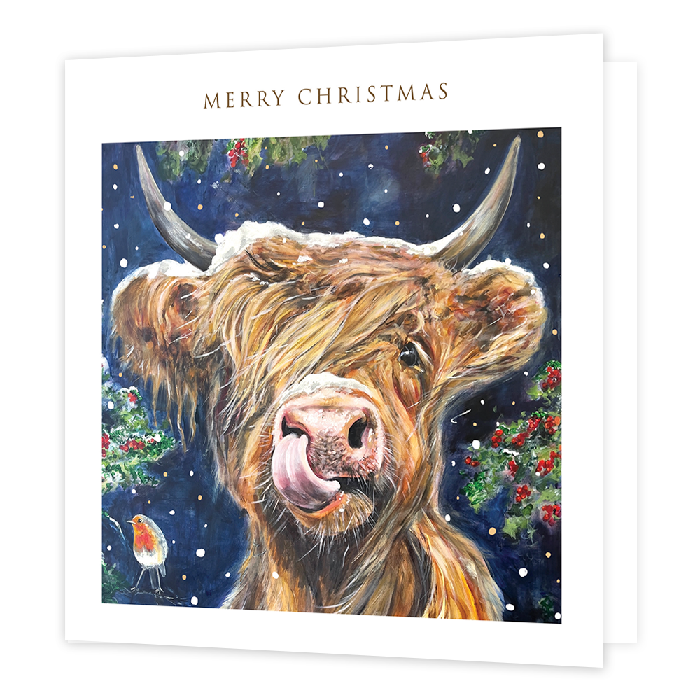 Merry christmas - Formaat: Groot - Vorm: Vierkant - Kerstkaart - Op deze kerstkaart staat een Schotse Hooglander met daarboven de tekst: "Merry christmas". - Snelwenskaart