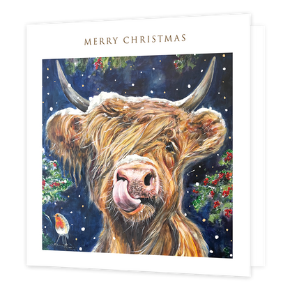 Merry christmas - Formaat: Groot - Vorm: Vierkant - Kerstkaart - Op deze kerstkaart staat een Schotse Hooglander met daarboven de tekst: "Merry christmas". - Snelwenskaart