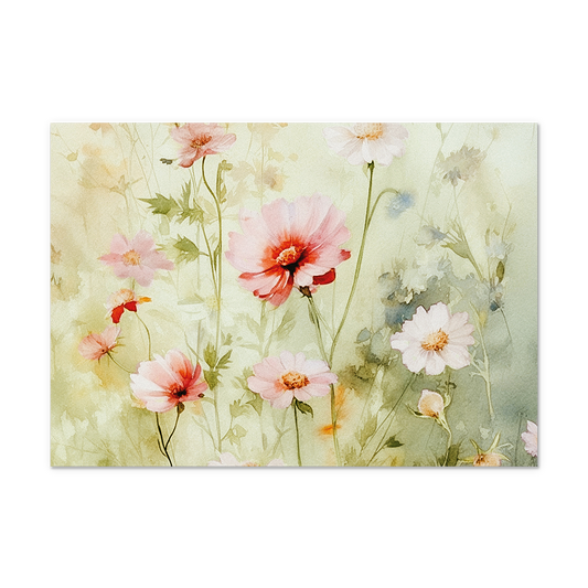 Op deze postkaart staat een dromerige aquarel van een bloemenveld met zachtroze en witte kosmosbloemen. De illustratie is uitgevoerd in delicate pasteltinten, waarbij de bloemen op dunne stengels lijken te dansen tegen een vervaagde achtergrond van zachtgroen en warm geel. Door de vloeiende waterverftechniek lopen de kleuren subtiel in elkaar over, wat de kaart een rustgevende en romantische uitstraling geeft.