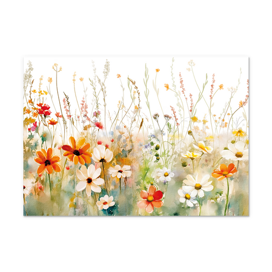 Op deze postkaart staat een sfeervolle aquarel van een uitgestrekt veld met wilde bloemen. De voorgrond is gevuld met gedetailleerde bloemen in warme tinten zoals oranje, wit en zachtrood, terwijl de achtergrond overgaat in een lichte, witte hemel met fijne, omhoogreikende stengels en grassen. De waterverftechniek zorgt voor zachte kleurovergangen en een luchtig, natuurlijk gevoel.