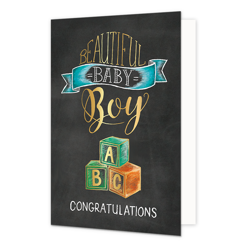 Beautiful baby boy - Formaat: Standaard - Vorm: Staand - Geboortekaart - Op deze wenskaart staan babyblokken met daarboven de tekst: "Beautiful baby boy congratualtions". - Snelwenskaart