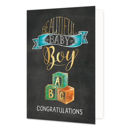 Beautiful baby boy - Formaat: Standaard - Vorm: Staand - Geboortekaart - Op deze wenskaart staan babyblokken met daarboven de tekst: "Beautiful baby boy congratualtions". - Snelwenskaart