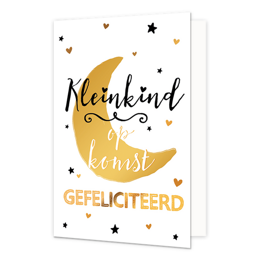 Kleinkind op komst - Formaat: Normaal - Vorm: Staand - Geboortekaart - Op deze wenskaart staat een halve maan met de tekst: "Kleinkind op komst gefeliciteerd". - Snelwenskaart