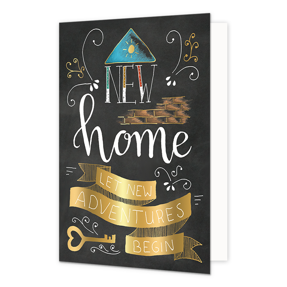 New home - Formaat: Normaal - Vorm: Staand - Woningkaart - Op deze wenskaart staat de tekst: "New home let new adventures begin". - Snelwenskaart
