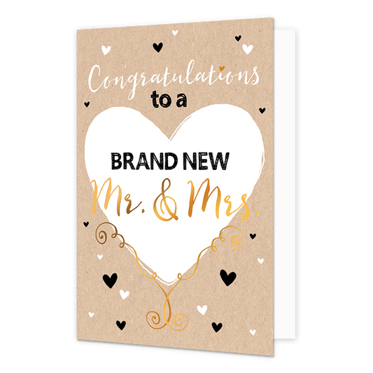 MR & MRS - Formaat: Normaal - Vorm: Staand - Huwelijkskaart - Op deze wenskaart staan hartjes met een groot wit hart in het midden met de tekst: "Congratulations to a brand new MR & MRS". - Snelwenskaart
