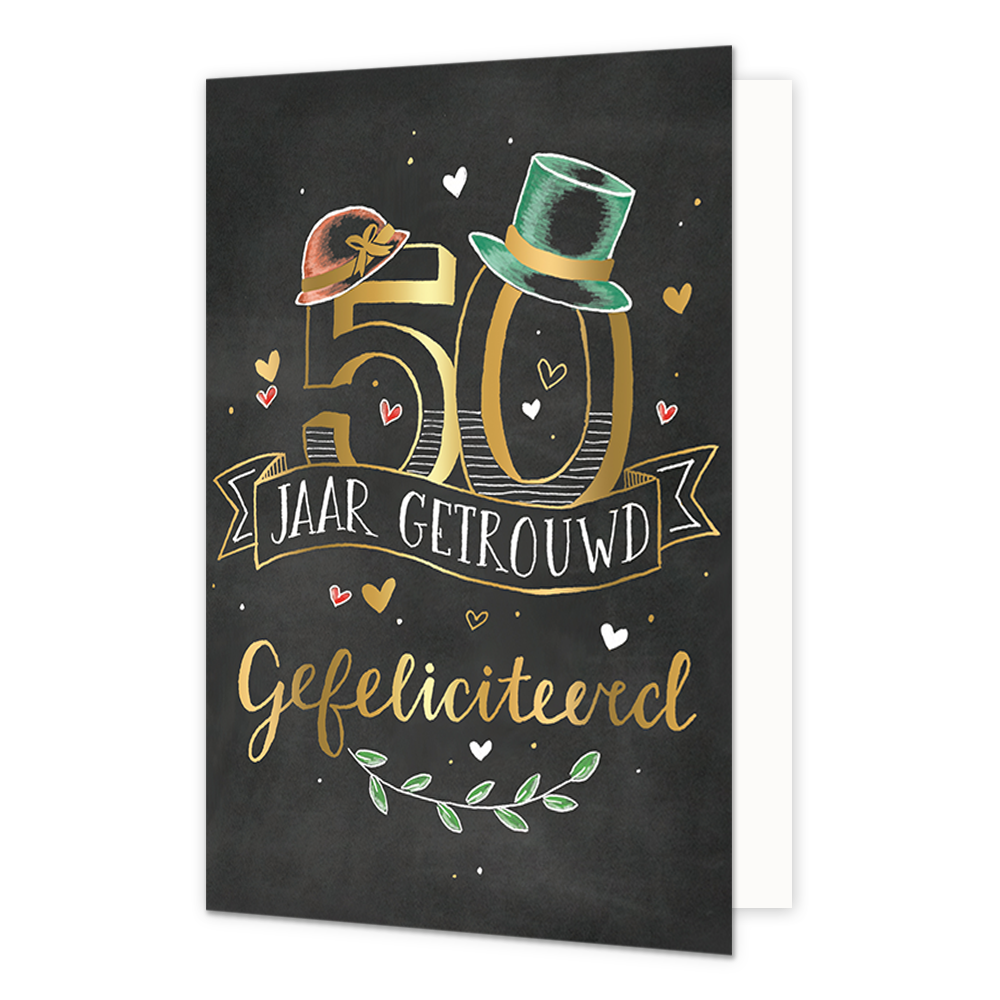 50 jaar getrouwd gefeliciteerd - Formaat: Standaard - Vorm: Staand - Huwelijkskaart - Op deze wenskaart staat de tekst: "50 jaar getrouwd gefeliciteerd". - Snelwenskaart
