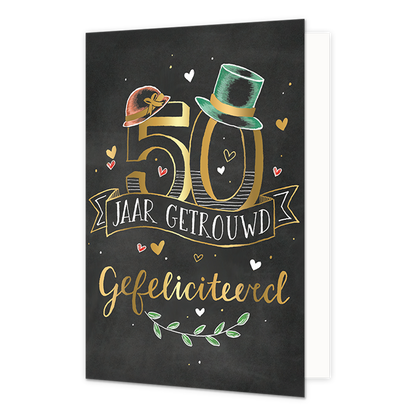 50 jaar getrouwd gefeliciteerd - Formaat: Standaard - Vorm: Staand - Huwelijkskaart - Op deze wenskaart staat de tekst: "50 jaar getrouwd gefeliciteerd". - Snelwenskaart