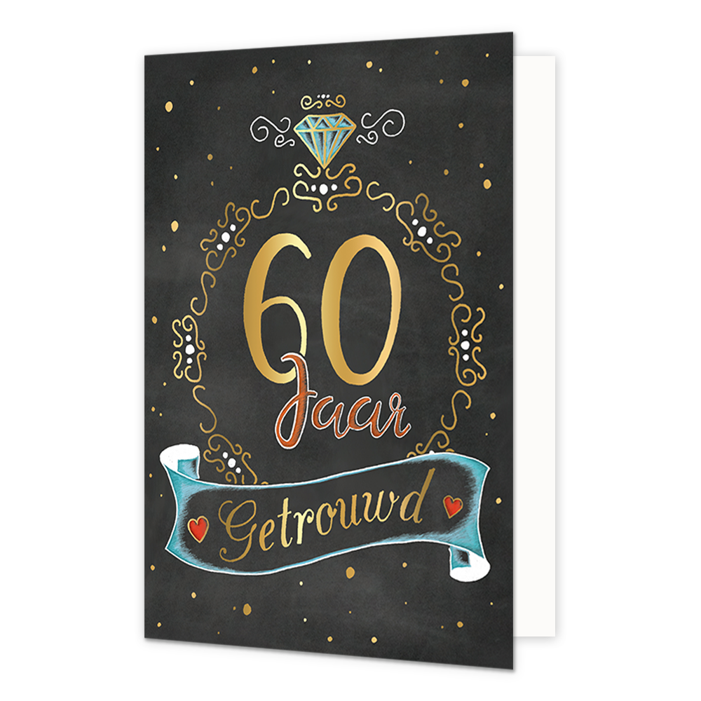 60 jaar getrouwd gefeliciteerd - Formaat: Normaal - Vorm: Staand - Huwelijkskaart - Op deze wenskaart staat de tekst: "60 jaar getrouwd". - Snelwenskaart